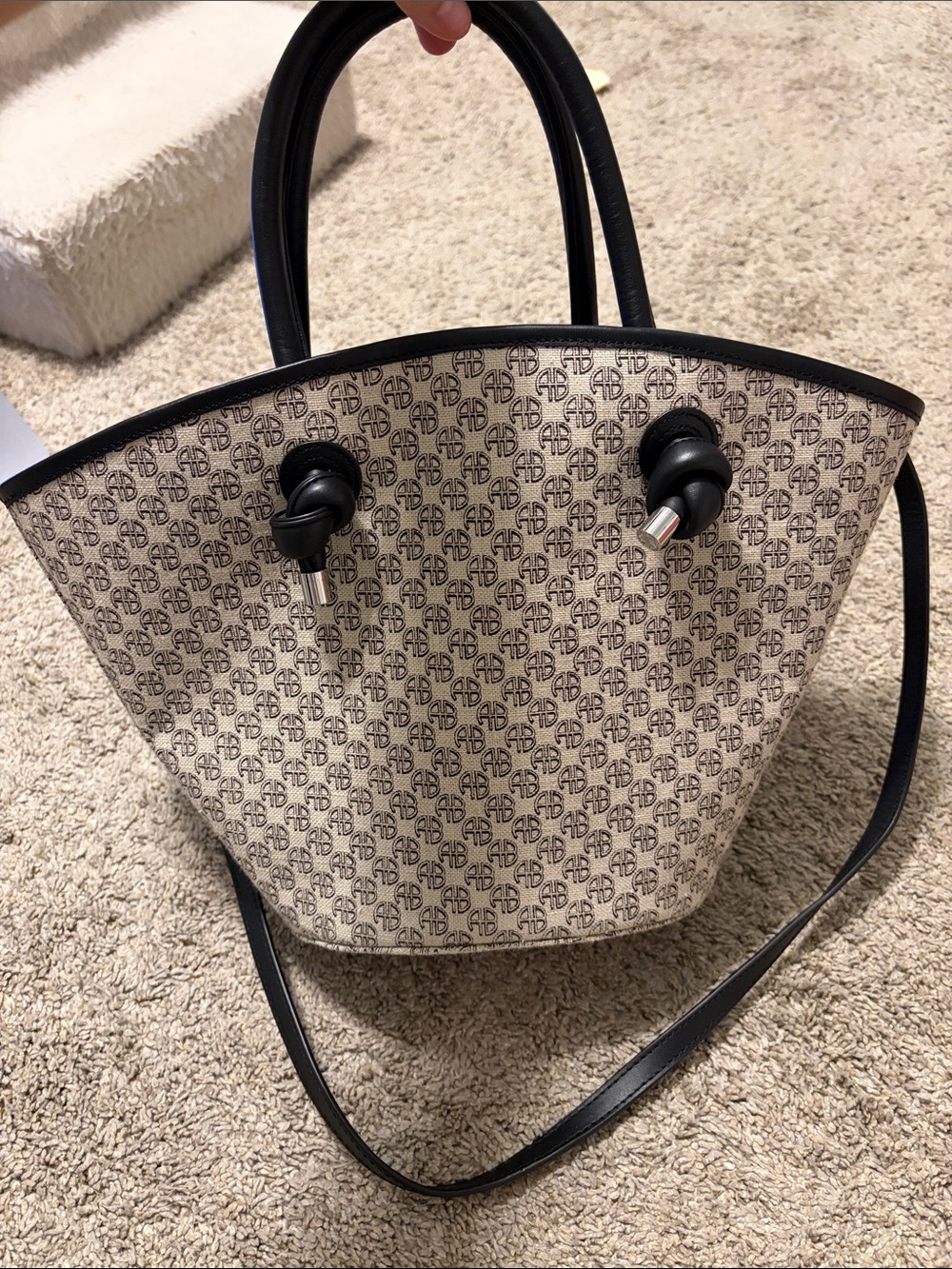 Anine Bing Cream Monogram Tote with Black Trim